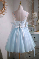 Sky Blue Spaghetti Straps Party Dress, Cute A-Line Tulle Homecoming Dress