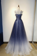 Spaghetti Strap Gradient Tulle Long Formal Dress, Blue Evening Party Dress