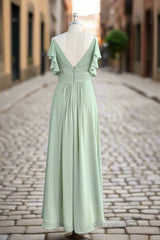 Spaghetti Strap Ruffles V-neck Chiffon Dusty Sage Green Bridesmaid Dresses