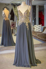 Gray Spaghetti Straps A-line Beaded Long Prom Dresses