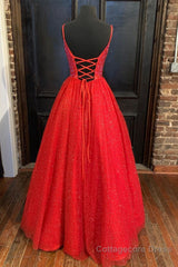 Spaghetti Straps A-line Red Shiny Prom Gown,Long Prom Dresses