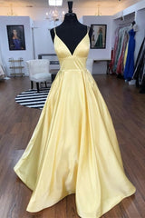 Spaghetti Straps V-neck Long Daffodil Simple Satin Prom Dresses