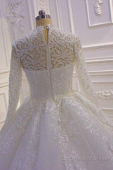 Sparkle Lace Ball Gown High Neck Tull Long Sleevess Wedding Dress