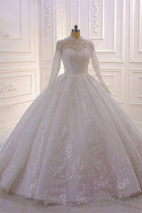 Sparkle Lace Ball Gown High Neck Tull Long Sleevess Wedding Dress