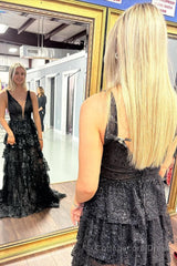 Sparkly Black Tiered Long Prom Dress with Slit