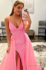 Sparkly Pink Detachable Train Sequins Prom Dress with Slit