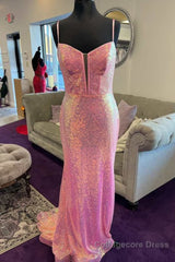 Sparkly Pink Sequin Long Mermaid Corset Prom Dress