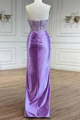 Purple Prom Dress Strapless Mermaid Corset Long Evening Dress with Slit