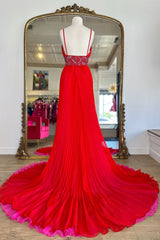 Red Prom Dress A Line Chiffon Long Evening Dress with Slit