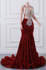 Sparkly Red Sequin Mermaid Prom Dresses Luxury Silver Crystal Beaded Sheer Neck Long Formal Party Evening Gowns for Black Girls