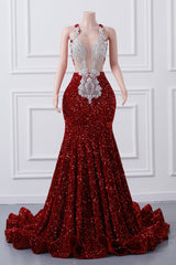 Sparkly Red Sequin Mermaid Prom Dresses Luxury Silver Crystal Beaded Sheer Neck Long Formal Party Evening Gowns for Black Girls