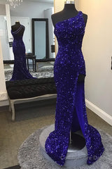 Sparkly Royal Blue Sequins One Shoulder Long Prom