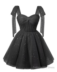 Sparkly Starry Black Tulle Short Homecoming Dresses Spaghetti Bow Straps Prom Dress Sequin Cocktail Party Dress for Teens