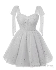 Sparkly Starry Silver Gray Tulle Short Homecoming Dresses Spaghetti Bow Straps Prom Dress Sequin Cocktail Party Dress for Teens