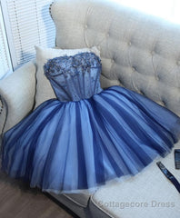 Charming Blue Lace Tule A Lin Short Prom Dress, Homecoming Dress