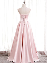 Strapless A-line Pink Satin Prom Dresses, Pink Satin Long Party Dress