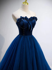 Strapless Blue Velvet Long Prom Dresses, Blue Velvet Long Formal Graduation Dresses