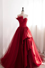 Strapless Burgundy Tulle Satin Long Prom Dresses, Wine Red Long Fomal Gowns