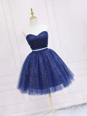 Strapless Dark Blue Short Prom Dresses, Short Dark Blue Graduation Homecoming Dresses