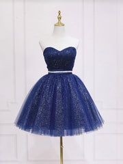 Strapless Dark Blue Short Prom Dresses, Short Dark Blue Graduation Homecoming Dresses