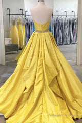 Strapless Open Back Fluffy Yellow Satin Long Prom Dress, Layered Yellow Formal Evening Dress