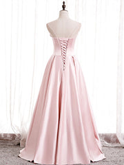 Strapless Pink Satin Prom Dresses, Pink Satin Long Formal Evening Dresses