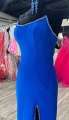 Strapless Royal Blue Long Prom Dress with Beading and Skirt Slit