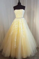 Strapless Yellow Lace Long Prom Dress, Yellow Lace Formal Graduation Evening Dress, Yellow Ball Gown