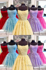 Straps Lace Applique Blue Homecoming Dress,Fuchsia Cocktail Dresses