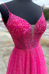 Straps Neon Pink Beaded A-Line Long Formal Dress