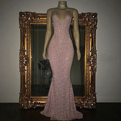 Stunning Long Halter Spaghetti Straps Sequined Mermaid Prom Dress