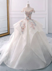 Stunning Off The Shoulder Flower Ball Gown Lace Wedding Dress