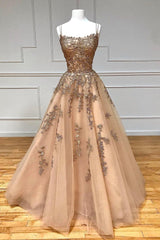 Stylish Tulle Long Prom Dress with Lace, A-Line Backless Formal Evening Dress