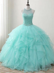 Sweet 16 Dress Green Round Neck Tulle Beads Long Prom Dress