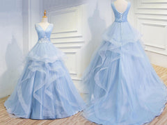 Sweetheart Baby Blue Organza V Neck Ruffles Appliques Prom Dresses