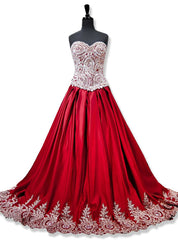 Sweetheart Gold Lace Appliques Ball Gowns Red Prom Dress