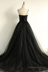 Sweetheart Neck Black Tulle Long Prom Dress, Thin Straps Black Formal Evening Dress, Black Ball Gown