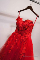 Sweetheart Neck Red Lace Floral Long Prom Dresses, Red Lace Formal Evening Dresses, Red Ball Gown