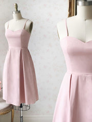 Sweetheart Neck Short Pink Satin Prom Dresses, Short Pink Formal Graduation Homecoming Dresses