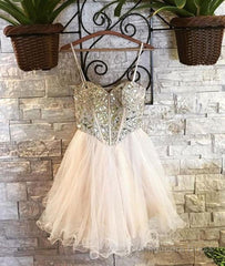 Sweetheart Neck Spaghetti Straps Tulle Champagne Homecoming Dresses, Champagne Short Prom Dresses, Graduation Dresses, Evening Dresses