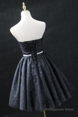 Sweetheart Neck Strapless Black Short Prom Dresses, Open Back Black Homecoming Dresses, Black Formal Evening Dresses