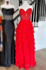 Sweetheart Red Corset Chiffon Ruffle Long Prom Dress