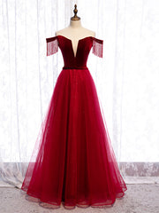 Tassel Sleeves Off The Shoulder Tulle Burgundy Floor Length Lace Up Prom Dress