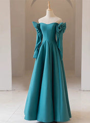 Teal Blue Long Sleeves with Bow A-line Sweetheart Prom Dress, Teal Blue Evening Dress