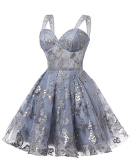 Teens Sparkly Tulle Dusty Blue Homecoming Dresses Spaghetti Straps Short Cocktail Party Prom Dress