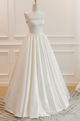 Thin Straps Open Back Ivory Satin Long Prom Dresses with Pearls, Long Ivory Formal Graduation Evening Dresses