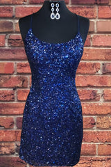 Tight Navy Blue Sequin Short Homecoming Dresses Sparkly Party Dress