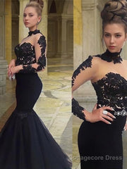 Trumpet/Mermaid High Neck Floor-Length Tulle Prom Dresses With Appliques Lace