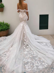 Trumpet/Mermaid Off-the-Shoulder Cathedral Train Tulle Wedding Dresses With Appliques Lace