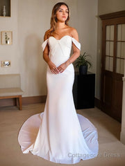 Trumpet/Mermaid Off-the-Shoulder Chapel Train Charmeuse Wedding Dresses